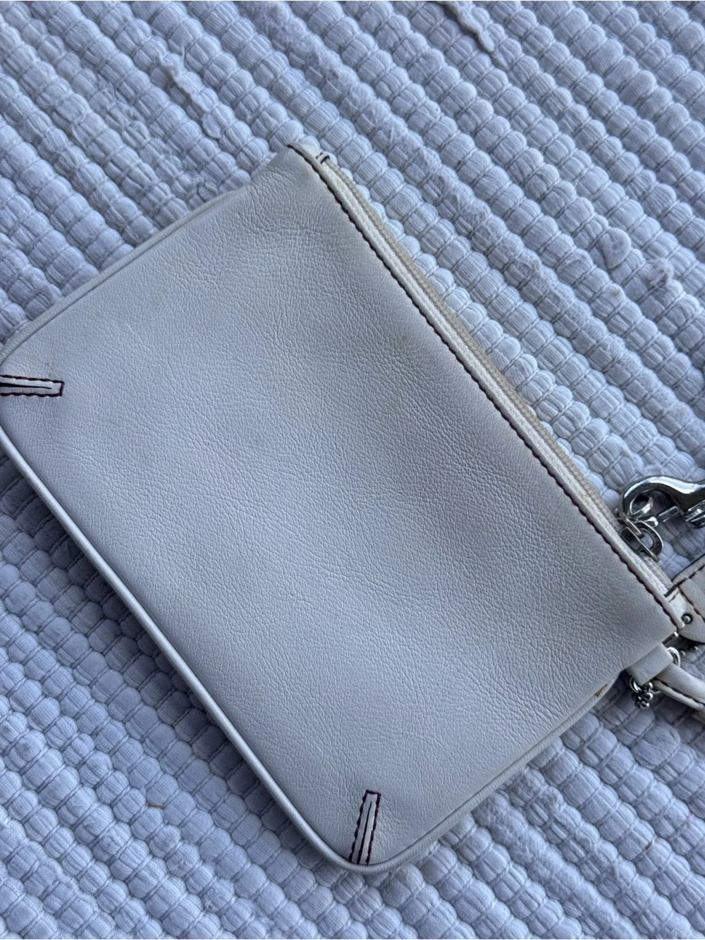 Coach Bone White Leather Wristlet Pouch Silver Hardware Zip Clutch